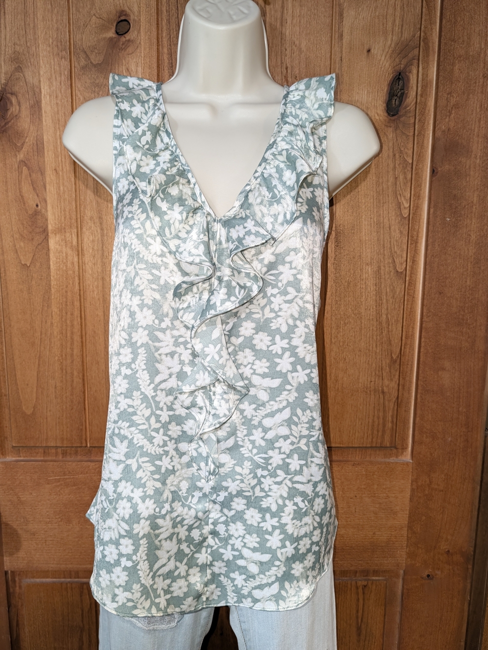 LC Lauren Conrad Sage Green and White Floral Ruffle V-Neck Tank